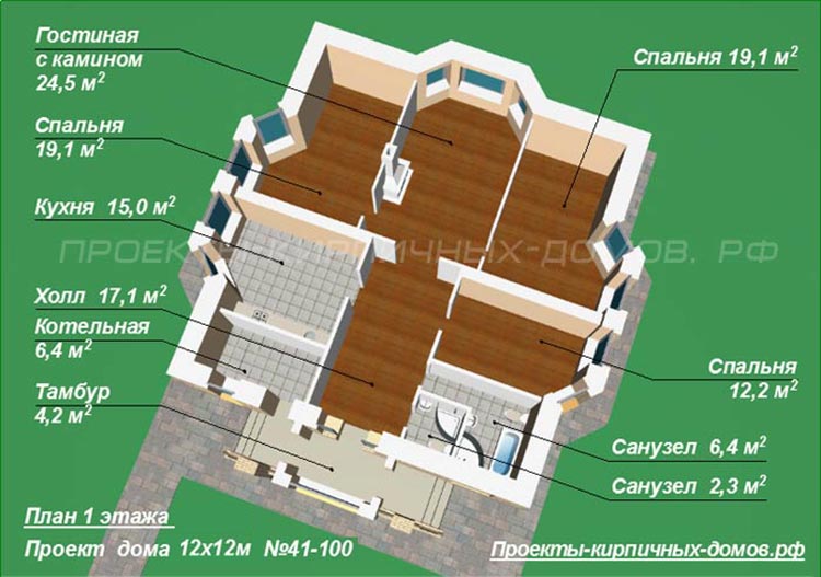 Планировка одноэтажного дома 4 комнаты и кухня